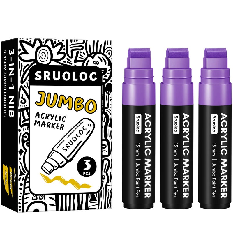 SRUOLOC 3 Jumbo Permanent Markers Purple, 15mm Thick Wide Tip, Large Acrylic Paint Markers for Rock Painting, Poster, Graffiti, Stone, Ceramic, Glass, Wood, Canvas - Image 1